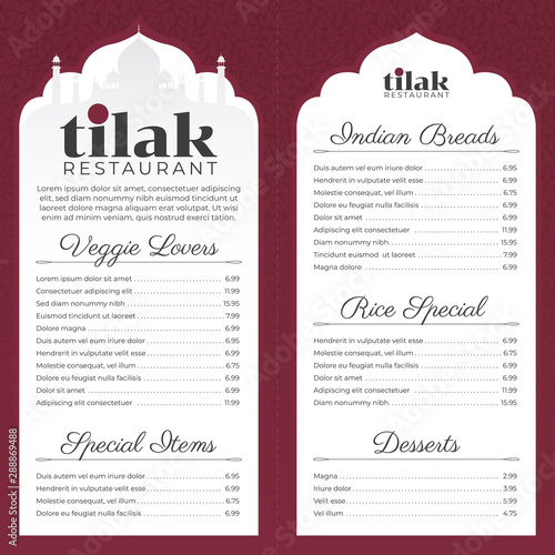 Vector template design Indian restaurant menu. Food flyer.