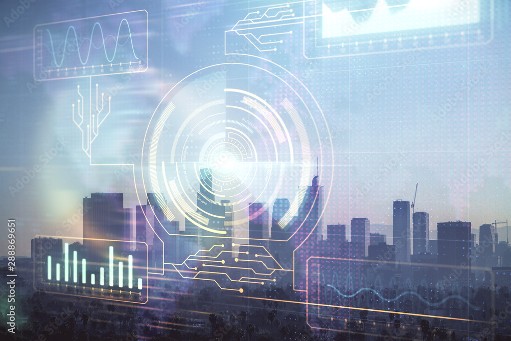 Data theme hologram drawing on city view with skyscrapers background multi exposure. Bigdata concept. Data theme hologram drawing on city view with skyscrapers background multi exposure. Bigdata concept.