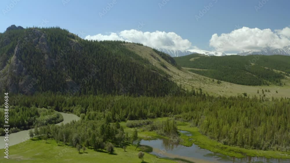 Beautiful spring landscape with mountains, forest and river. Aerial View. Drone shot over a beautiful mountain forest river. Beautiful spring landscape with mountains, forest and river. Aerial View. Drone shot over a beautiful mountain forest river.