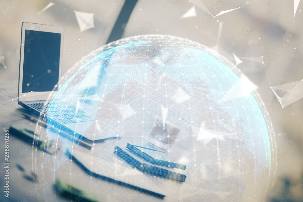 Double exposure of business theme icons and work space with computer background. Concept of success. Double exposure of business theme icons and work space with computer background. Concept of success.