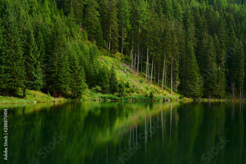 Dark green waters of an idyllic lake in the forest.