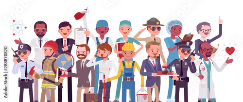 Professions and jobs, men occupations for career. Different employment, service for working, male professional development training. Vector flat style cartoon illustration isolated on white background
