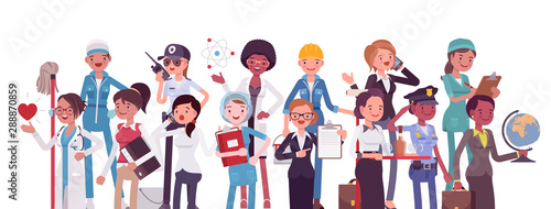 Professions and jobs, women occupations for career. Different employment, female professional development training, life success. Vector flat style cartoon illustration isolated on white background