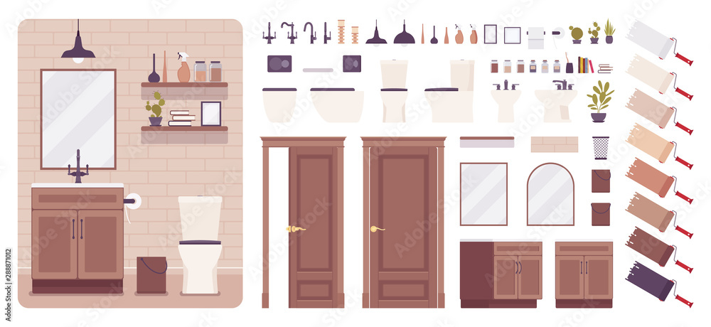 Restroom interior and water closet design creation set, toilet decor ideas, wc furniture kit, constructor elements to build your own design. Cartoon flat style infographic illustration, color palette Restroom interior and water closet design creation set, toilet decor ideas, wc furniture kit, constructor elements to build your own design. Cartoon flat style infographic illustration, color palette