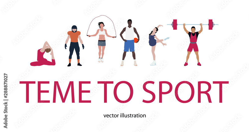 Isolated vector background of male and female athletes performing various sports activities. Gymnast, football player, gymnastic, basketball, figure skating, burbler. Fitness, healthy lifestyle Isolated vector background of male and female athletes performing various sports activities. Gymnast, football player, gymnastic, basketball, figure skating, burbler. Fitness, healthy lifestyle