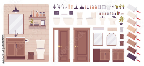 Restroom interior and water closet design creation set, toilet decor ideas, wc furniture kit, constructor elements to build your own design. Cartoon flat style infographic illustration, color palette