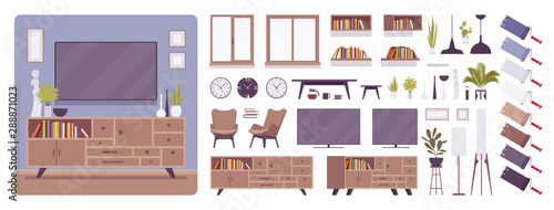 TV cabinet interior and television room design creation set, decor ideas, lounge furniture kit, constructor element to build your own design. Cartoon flat style infographic illustration, color palette