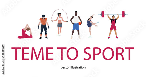 Fototapeta Naklejka Na Ścianę i Meble -  Isolated vector background of male and female athletes performing various sports activities. Gymnast, football player, gymnastic, basketball, figure skating, burbler. Fitness, healthy lifestyle