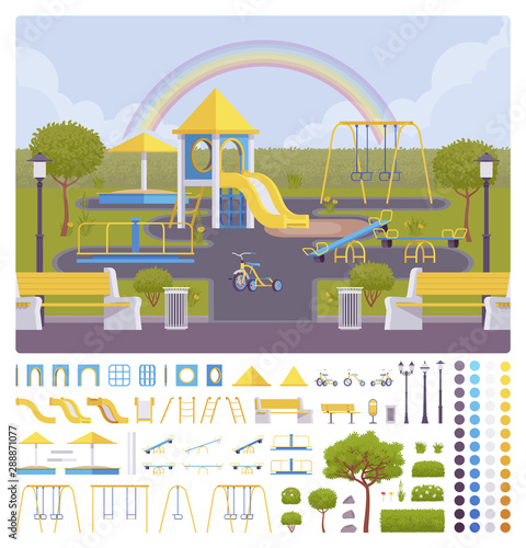 Playground creation set, outdoor area decor ideas, playing equipment or recreation kid fun kit, constructor element to build your own design. Cartoon flat style infographic illustration, color palette