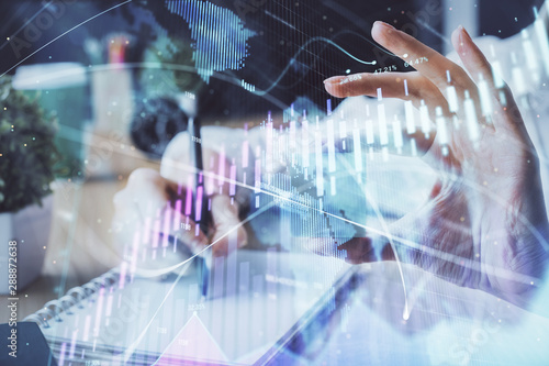 Forex chart displayed on woman's hand taking notes background. Concept of research. Multi exposure