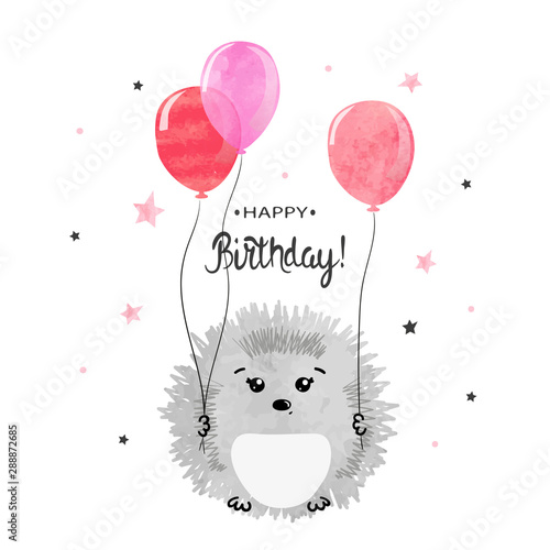 Happy Birthday greeting card design with cute hedgehog and balloons