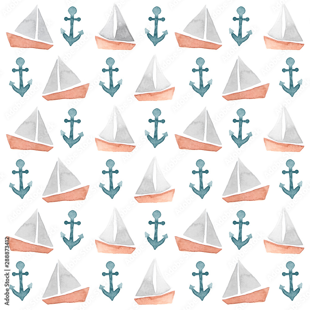 Watercolor illustrated boat and blue anchor sailing pattern set
