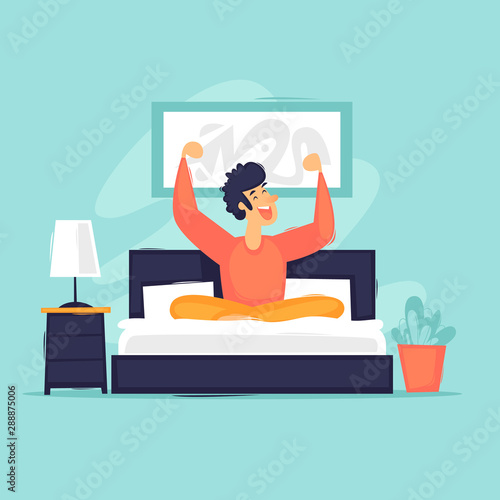 Morning man woke up in bed happy. Flat design vector illustration.