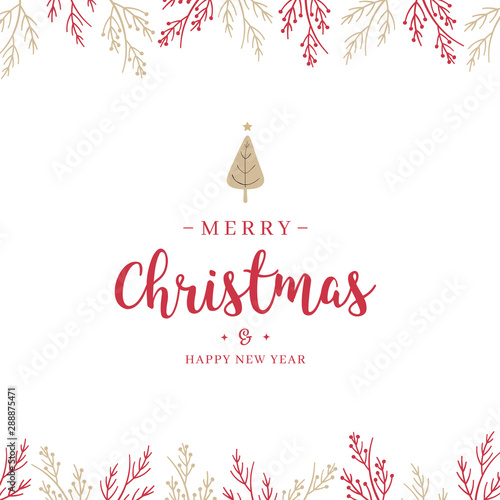 Christmas branch and greetings on white background card.