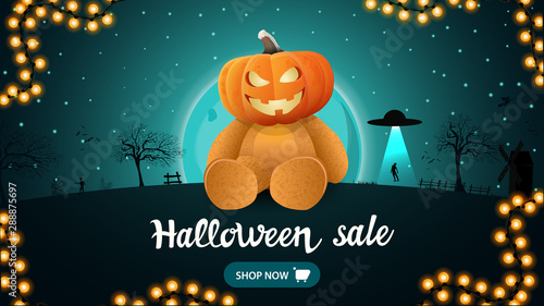Halloween sale, horizontal discount banner with beautiful night landscape on the background and Teddy bear with Jack pumpkin head