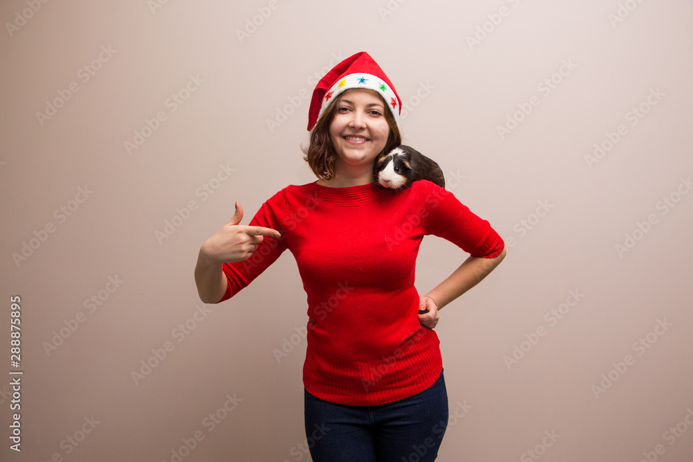 Photo of happy girl and funny guinea pig in santa hat Photo of happy girl and funny guinea pig in santa hat