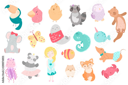 Cute funny kawaii animals. Flat style illustration