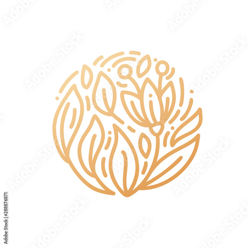 Abstract emblem flower in a circle in linear style. Monoline vector plant logo for design of natural products, flower shop, cosmetics, ecology concepts, health, spa, yoga center