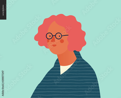 Bright people portrait - hand drawn flat style vector design concept illustration of young red-haired feminine man, wearing glasses, face and shoulders avatar. Flat style vector icon