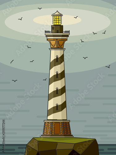 Simple cartoon illustrations of lighthouse on rock island.