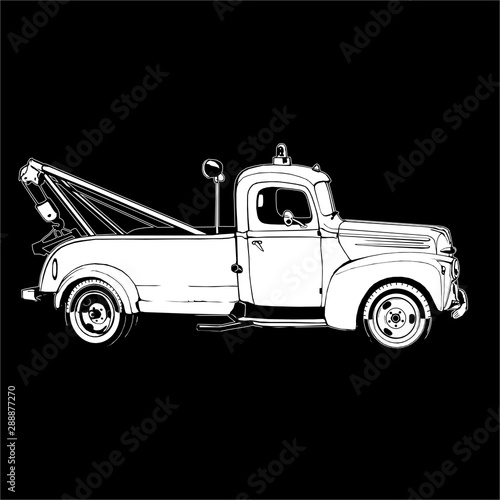 old Tow truck, isolated on black, monogram for black T short, graphic, white