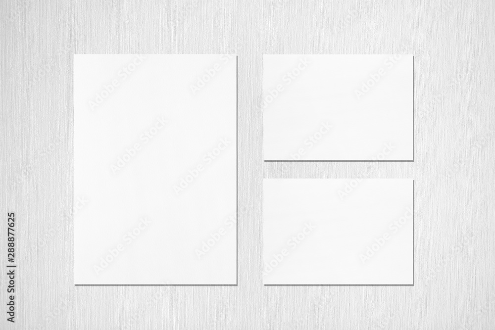 One empty white vertical a4 sized poster and two a5 sized horizontal rectangle card mockups with soft shadows on neutral light grey textured background. Flat lay, top view One empty white vertical a4 sized poster and two a5 sized horizontal rectangle card mockups with soft shadows on neutral light grey textured background. Flat lay, top view