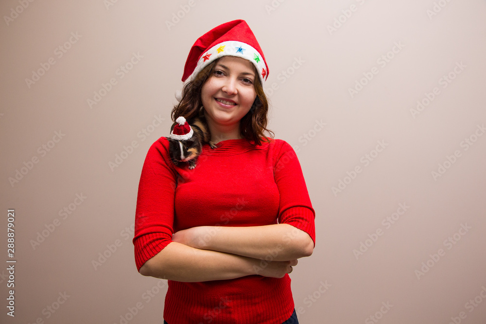 Photo of happy girl and funny guinea pig in santa hat Photo of happy girl and funny guinea pig in santa hat