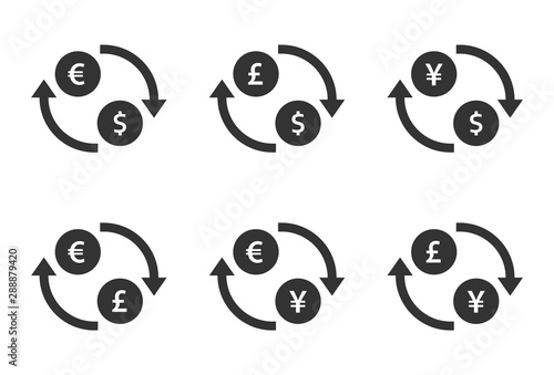 currency exchange icon set. dollar, euro, yen and pound cash transfer signs