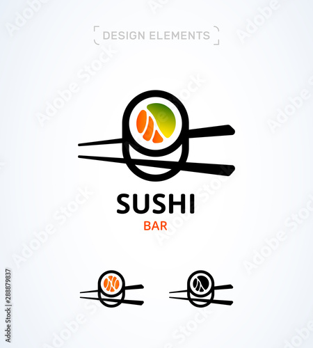 Sushi logo template. Roll and sticks. Avocado, salmon