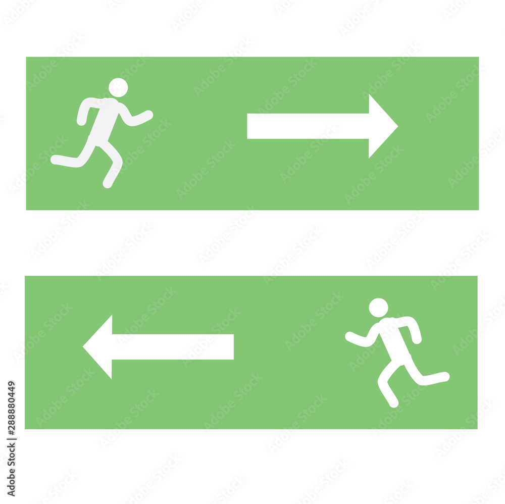 emergency exit sign, stick man shows direction emergency exit sign, stick man shows direction