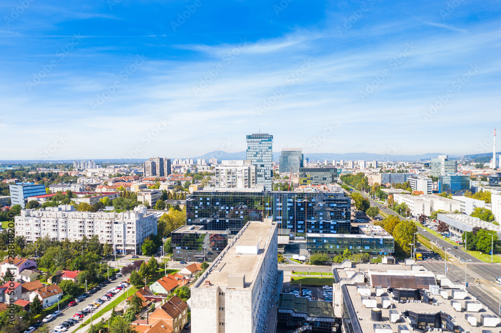 Croatia, city of Zagreb, panoramic view of business center and modern towers, Vukovarska street, urban skyline from drone