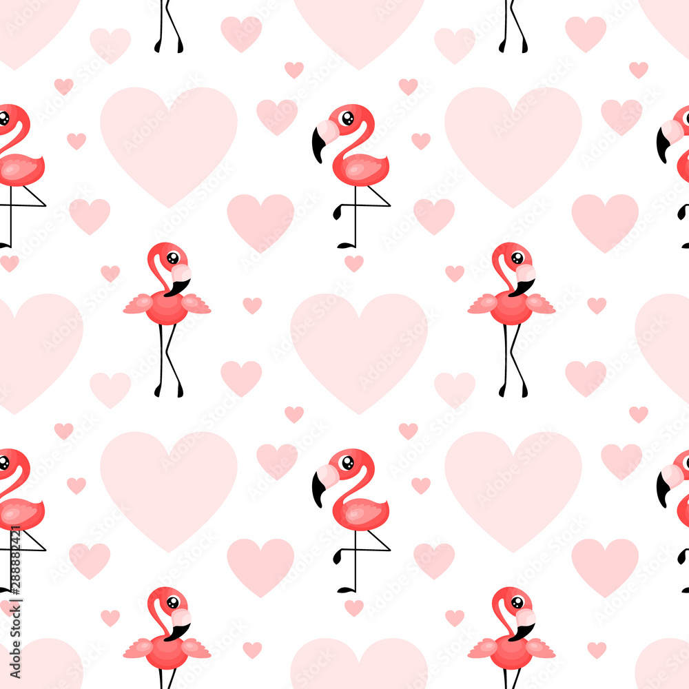 Seamless pattern with pink flamingo and heart shapes. Delicate repeated ornament with cute birds on white background. Flat vector illustration.