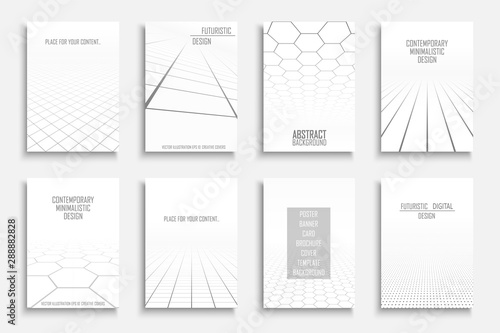 Collection of vector business abstract futuristic backgrounds. Digital technology design with perspective. Infinity white copy spaces.