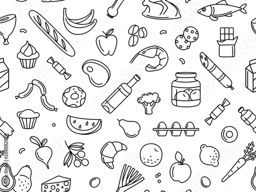 Seamless pattern supermarket grosery store food, drinks, vegetables, fruits, fish, meat, dairy, sweets