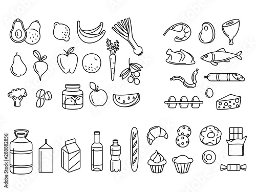 Linear icons supermarket grosery store food, drinks, vegetables, fruits, fish, meat, dairy, sweets