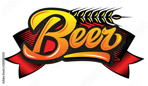 Vector color illustration with calligraphic inscription - beer and spikelet