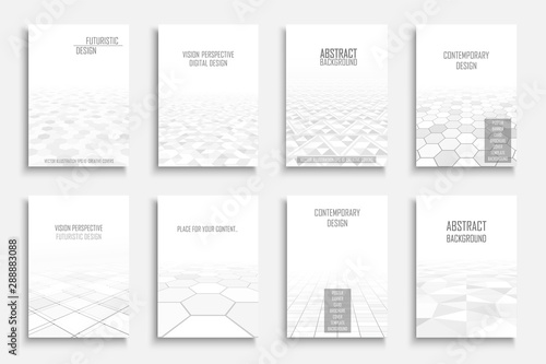 Collection of vector abstract contemporary backgrounds. White futuristic tile floor design with perspective and geometric shapes.