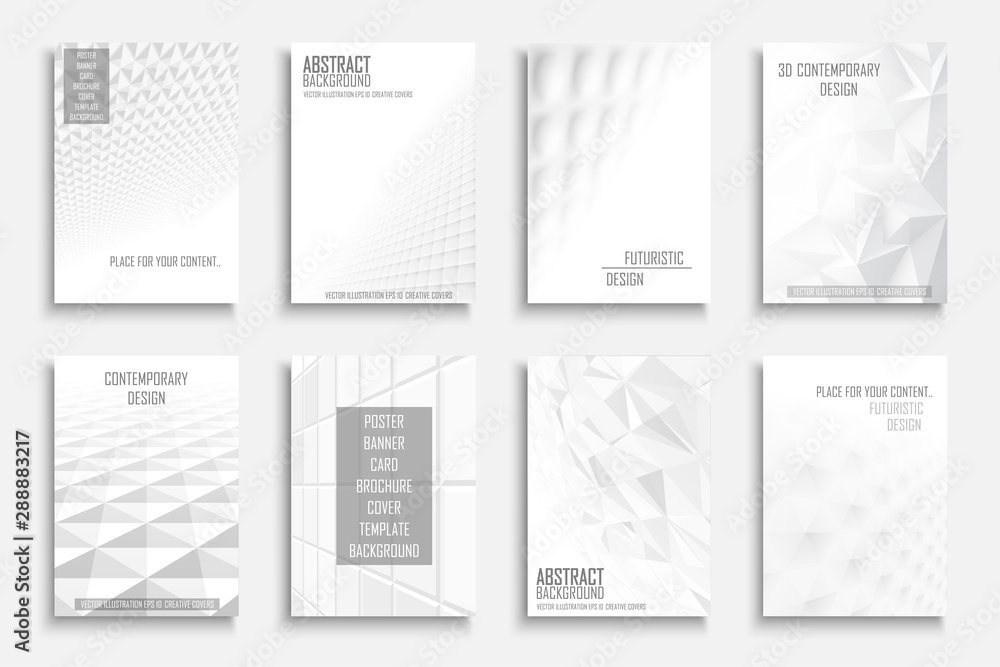 Collection of vector abstract contemporary backgrounds. White futuristic creative 3d design with geometric shapes and vision perspective.