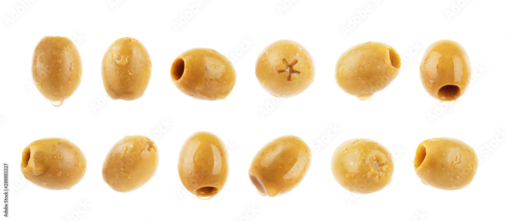 Pitted olives isolated collection. Green olive isolated on white background with clipping path