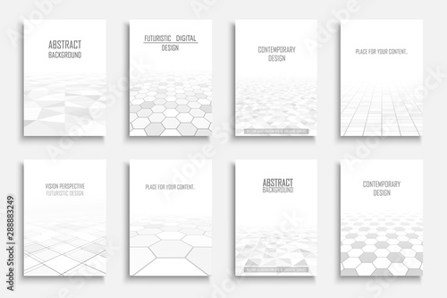 Collection of abstract contemporary backgrounds. White futuristic tile floor design with perspective and gray geometric shapes.