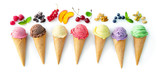 Various varieties of ice cream in cones isolated on white background