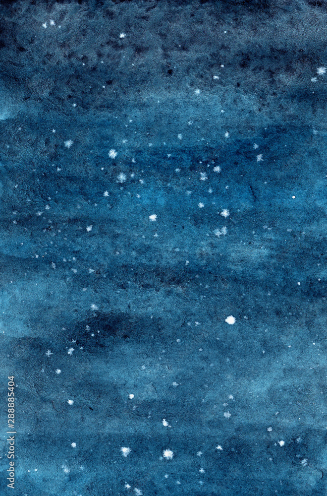 Watercolor dark blue background. Indigo night sky with stars. Hand drawn high resolution texture for posters, postcards, prints, invitations and other design.