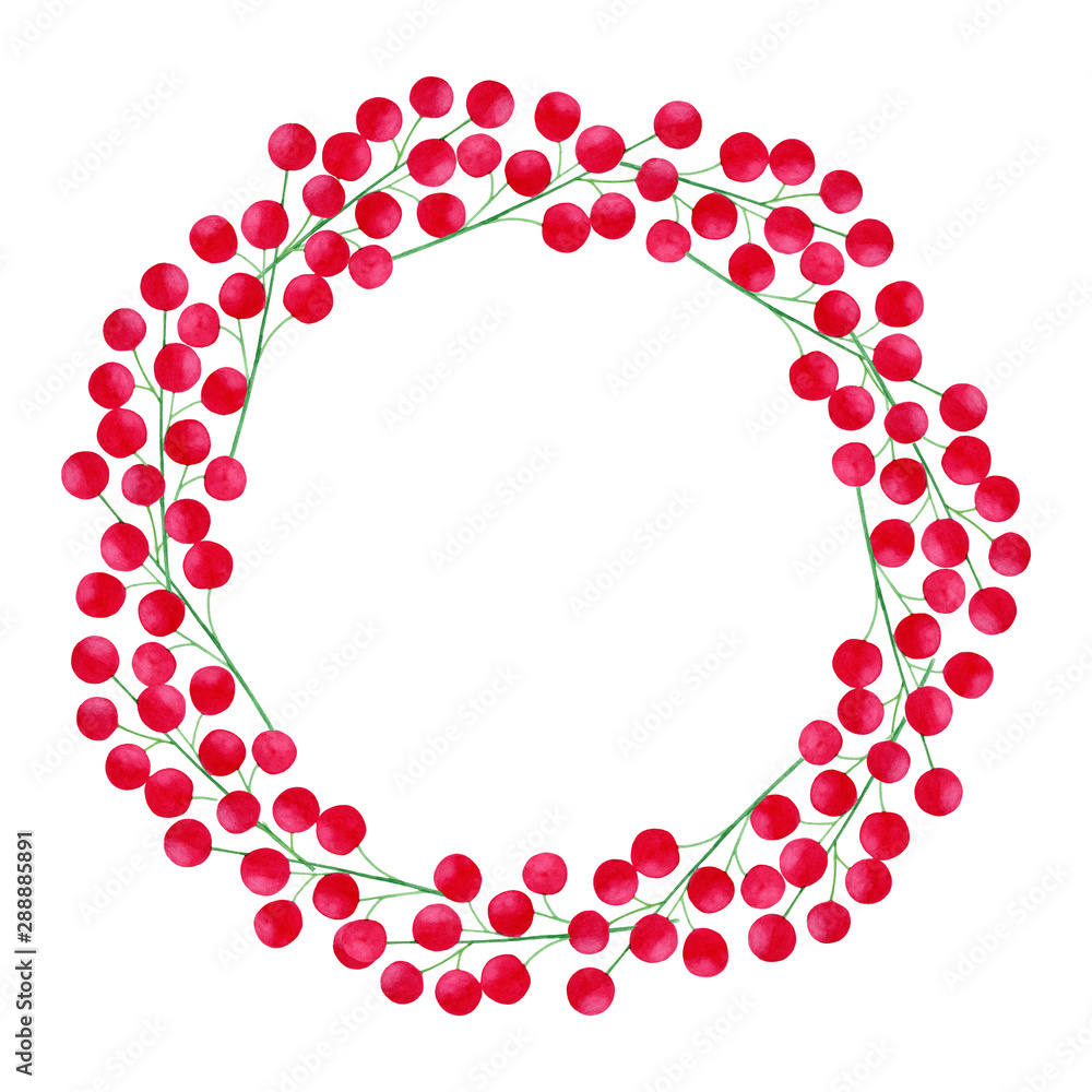 Watercolor Merry Christmas wreath with red holly berries. Hand drawn door decoration isolated on white. Round frame template for greeting cards, holiday design. Watercolor Merry Christmas wreath with red holly berries. Hand drawn door decoration isolated on white. Round frame template for greeting cards, holiday design.