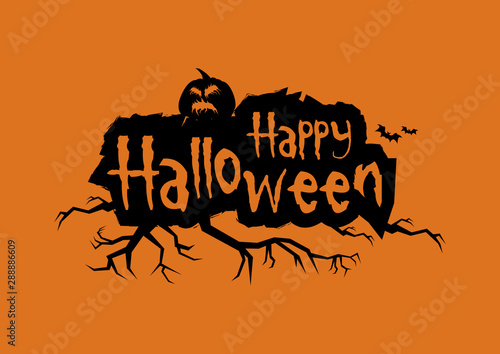 Happy Halloween greeting inscription vector. Happy halloween grunge inscription. Happy Halloween with pumpkin vector. Halloween pumpkin isolated on a orange background