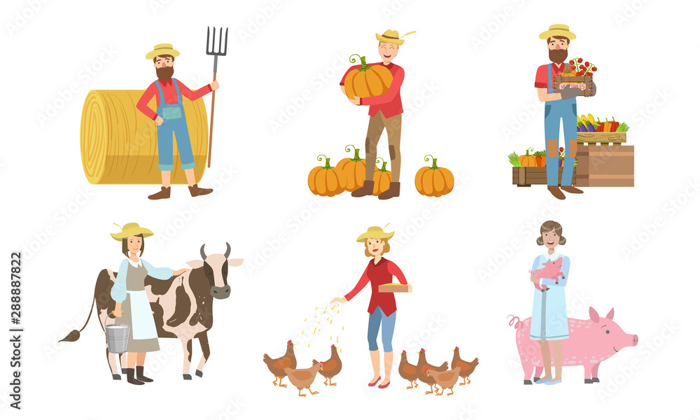 People Working on Farm and Garden Set, Male and Female Farmers Characters Harvesting, Feeding Animals Vector Illustration