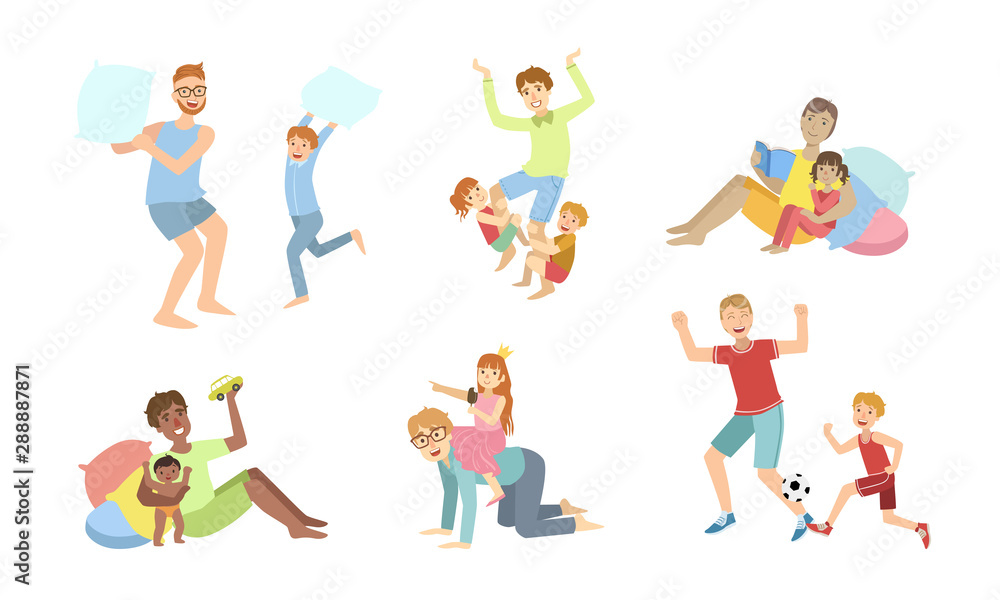 Fathers and Their Kids Having Good Time Together Set, Dads Playing, Doing Sports, Having Fun with Their Children Vector Illustration