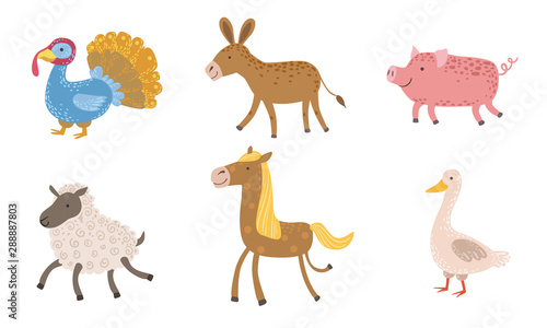 Cute Farm Animals Set  Turkey  Sheep  Donkey  Pig  Horse  Goose Vector Illustration