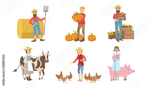 People Working on Farm and Garden Set  Male and Female Farmers Characters Harvesting  Feeding Animals Vector Illustration