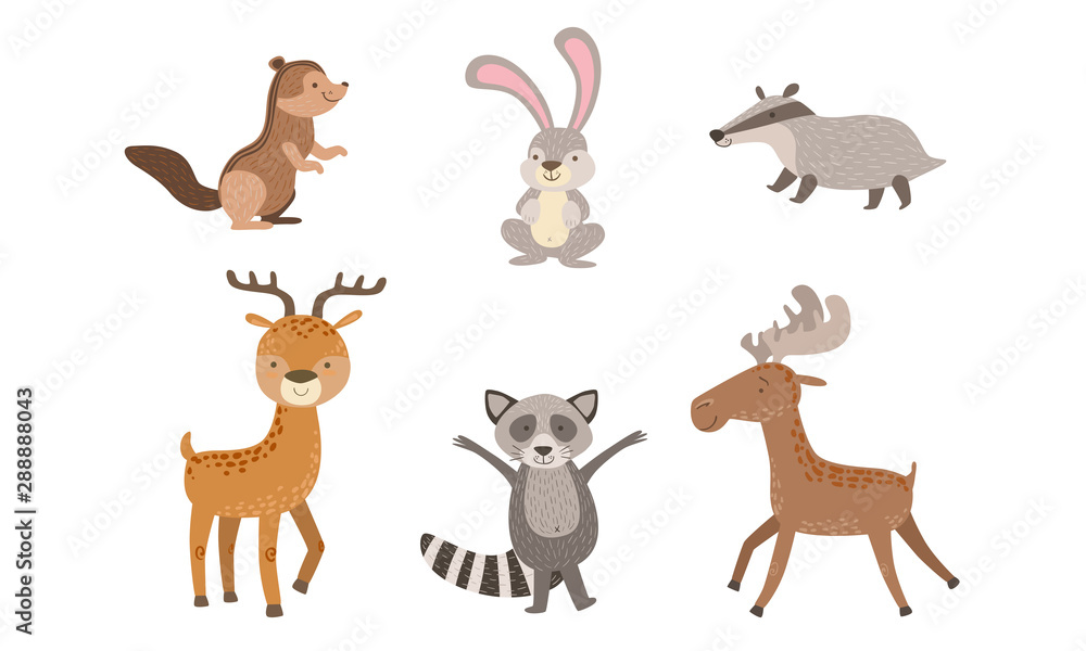 Cute Wild Forest Animals Set, Gopher, Hare, Raccoon, Deer, Elk Badger Vector Illustration