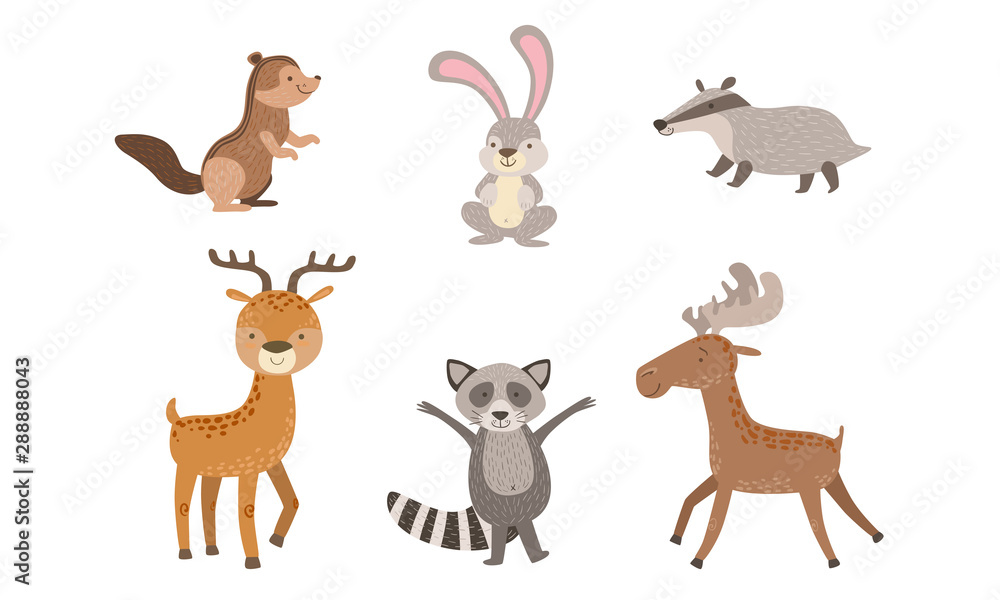 Cute Wild Forest Animals Set, Gopher, Hare, Raccoon, Deer, Elk Badger Vector Illustration Cute Wild Forest Animals Set, Gopher, Hare, Raccoon, Deer, Elk Badger Vector Illustration